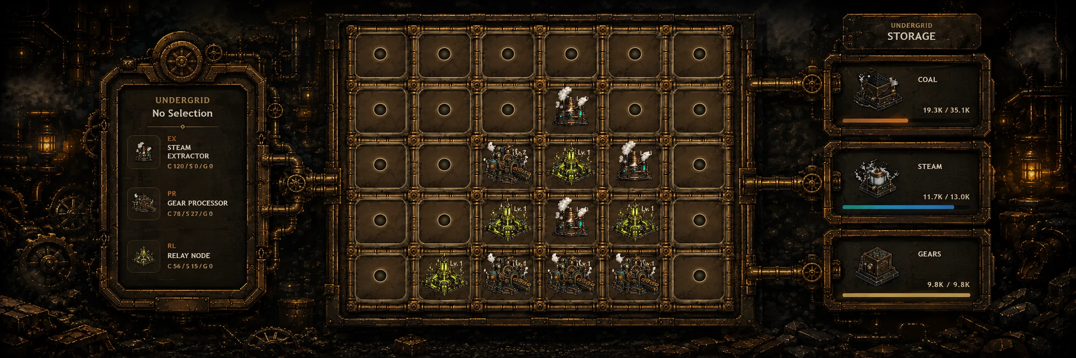 Undergrid: Iron Veil gameplay board showing an idle resource district under steampunk pressure