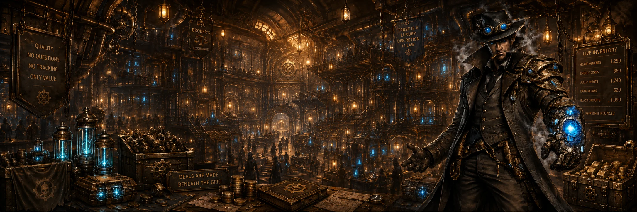 Undergrid: Iron Veil Market trading rails in a steampunk TCG economy
