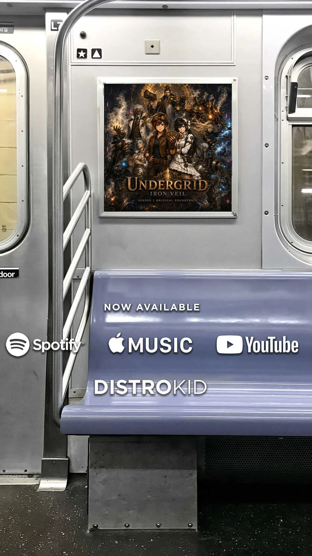 Undergrid: Iron Veil original soundtrack release poster inside a subway car